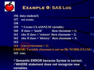 Example : SAS Log
156 data student3;
157 set exam;
158
159 * Create CLASSNUM variable;
160 if class = 'math'         then classnum = 1;
161 else if class = 'science' then classnum = 2;
162 else if class = 'history' then classnum = 3;
163
164 where classnum = 2;
ERROR: Variable classnum is not on file WORK.EXAM.
165 run;

Semantic ERROR because Syntax is correct.
WHERE statement does not recognize new      30
variables.
 