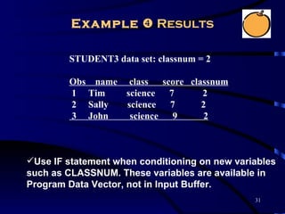 Example  Results

        STUDENT3 data set: classnum = 2

        Obs name class    score classnum
        1 Tim    science 7         2
        2 Sally  science    7      2
        3 John    science   9      2



Use IF statement when conditioning on new variables
such as CLASSNUM. These variables are available in
Program Data Vector, not in Input Buffer.
                                               31
 