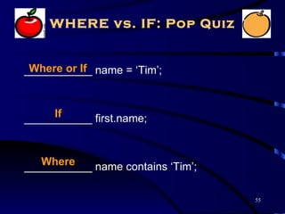 WHERE vs. IF: Pop Quiz


 Where or If
___________ name = ‘Tim’;


     If
___________ first.name;


   Where
___________ name contains ‘Tim’;

                                   55
 
