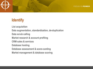 Identify List acquisition Data augmentation, standardization, de-duplication Data scrub calling Market research & account profiling CRM sales & services Database hosting Database assessment & score-carding Market management & database scoring 