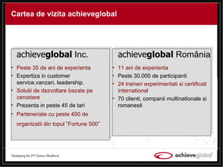 Cartea de vizit a   achieveglobal achieve global  Inc. Peste 35 de ani de experien ta Expertiz a   i n customer service , v a nz a ri, leadership .   Solu t ii de dezvoltare bazate pe cercetare Prezen ta   i n peste  45  de  ta ri Parteneriate cu peste 400 de organiza t ii din topul  “Fortune 500”   achieve global  Rom â nia 11  ani de experien ta Peste  30.000  de participan t i 24  traineri experimenta t i  s i certifica t i interna t ional 70  clien t i, companii multina t ionale  s i rom a ne s ti 