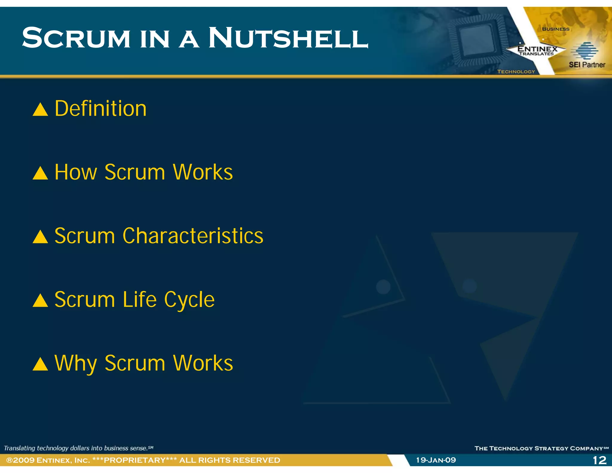 Scrum in a NutshellScrum in a Nutshell
Definition
How Scrum WorksHow Scrum Works
Scrum CharacteristicsScrum Characteristics
S Lif C lScrum Life Cycle
Why Scrum Works
19-Jan-09 12®2009 Entinex, Inc. ***PROPRIETARY*** ALL RIGHTS RESERVED
 