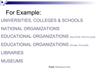 For Example: UNIVERSITIES, COLLEGES & SCHOOLS   NATIONAL ORGANIZATIONS   EDUCATIONAL ORGANIZATIONS  (Non-Profit / Not For profit) EDUCATIONAL ORGANIZATIONS  (Private / For profit)   LIBRARIES MUSEUMS   From  Simteach.com 