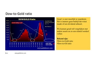 Dow-to-Gold ratio Bron:  www.golddrivers.com Goud  is zeer moeilijk te waarderen. Het is immers geen bedrijf dat winst maakt of een dividend uitkeert. We kunnen goud wél vergelijken met andere assets en zo een relatief oordeel vellen: Bekend zijn: Dow-to-Gold ratio Dow-to-Oil ratio 