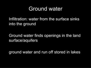 Ground water Infiltration: water from the surface sinks into the ground Ground water finds openings in the land surface/aquifers ground water and run off stored in lakes 