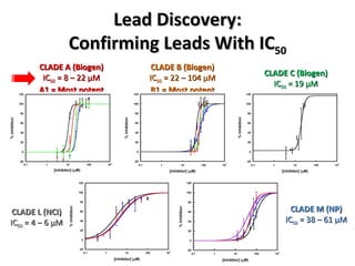 Lead Discovery: Confirming Leads With IC 50 CLADE A (Biogen) IC 50  = 8 – 22  μ M A1 = Most potent CLADE B (Biogen) IC 50  = 22 – 104  μ M B1 = Most potent CLADE C (Biogen) IC 50  = 19  μ M CLADE L (NCI) IC 50  = 4 – 6  μ M CLADE M (NP) IC 50  = 38 – 61  μ M 