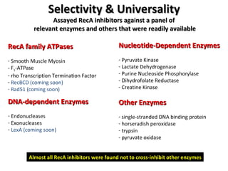 Selectivity & Universality Assayed RecA inhibitors against a panel of  relevant enzymes and others that were readily available RecA family ATPases Smooth Muscle Myosin F 1 -ATPase rho Transcription Termination Factor RecBCD (coming soon) Rad51 (coming soon) Nucleotide-Dependent Enzymes Pyruvate Kinase Lactate Dehydrogenase Purine Nucleoside Phosphorylase Dihydrofolate Reductase Creatine Kinase Other Enzymes single-stranded DNA binding protein horseradish peroxidase trypsin pyruvate oxidase DNA-dependent Enzymes Endonucleases Exonucleases LexA (coming soon) Almost all RecA inhibitors were found not to cross-inhibit other enzymes 