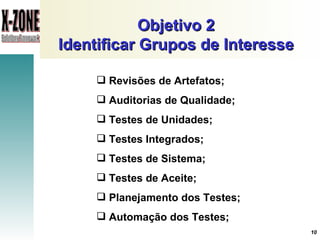 Objetivo 2 Identificar Grupos de Interesse Revisões de Artefatos; Auditorias de Qualidade; Testes de Unidades; Testes Integrados; Testes de Sistema; Testes de Aceite; Planejamento dos Testes; Automação dos Testes; 