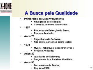 A Busca pela Qualidade Primórdios do Desenvolvimento Navegação pelo código; Correção de erros conhecidos; 1957 Processo de Detecção de Erros; Produto Acabado; Anos 70  Engenharia de Software; Não existe consenso sobre testes; 1979 Myers – Objetivo é encontrar erros  ; Produto Acabado; Anos 80  Qualidade de Software; Surgem os 1o.s Padrões Mundiais; Anos 90  Ferramentas de Testes; Bug Ano 2000; 