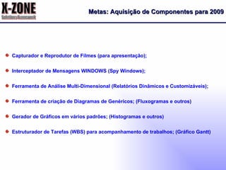 Capturador e Reprodutor de Filmes (para apresentação); Interceptador de Mensagens WINDOWS (Spy Windows); Ferramenta de Análise Multi-Dimensional (Relatórios Dinâmicos e Customizáveis); Ferramenta de criação de Diagramas de Genéricos; (Fluxogramas e outros) Gerador de Gráficos em vários padrões; (Histogramas e outros) Estruturador de Tarefas (WBS) para acompanhamento de trabalhos; (Gráfico Gantt) Metas: Aquisição de Componentes para 2009 