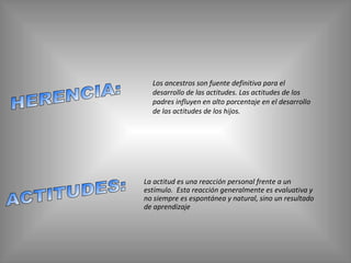 HERENCIA: ACTITUDES: La actitud es una reacción personal frente a un estímulo.  Esta reacción generalmente es evaluativa y no siempre es espontánea y natural,  sino un resultado de aprendizaje Los ancestros son fuente definitiva para el desarrollo de las actitudes. Las actitudes de los padres influyen en alto porcentaje en el desarrollo de las actitudes de los hijos. 