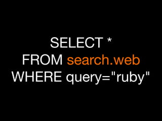 SELECT *
 FROM search.web
WHERE query=quot;rubyquot;
 