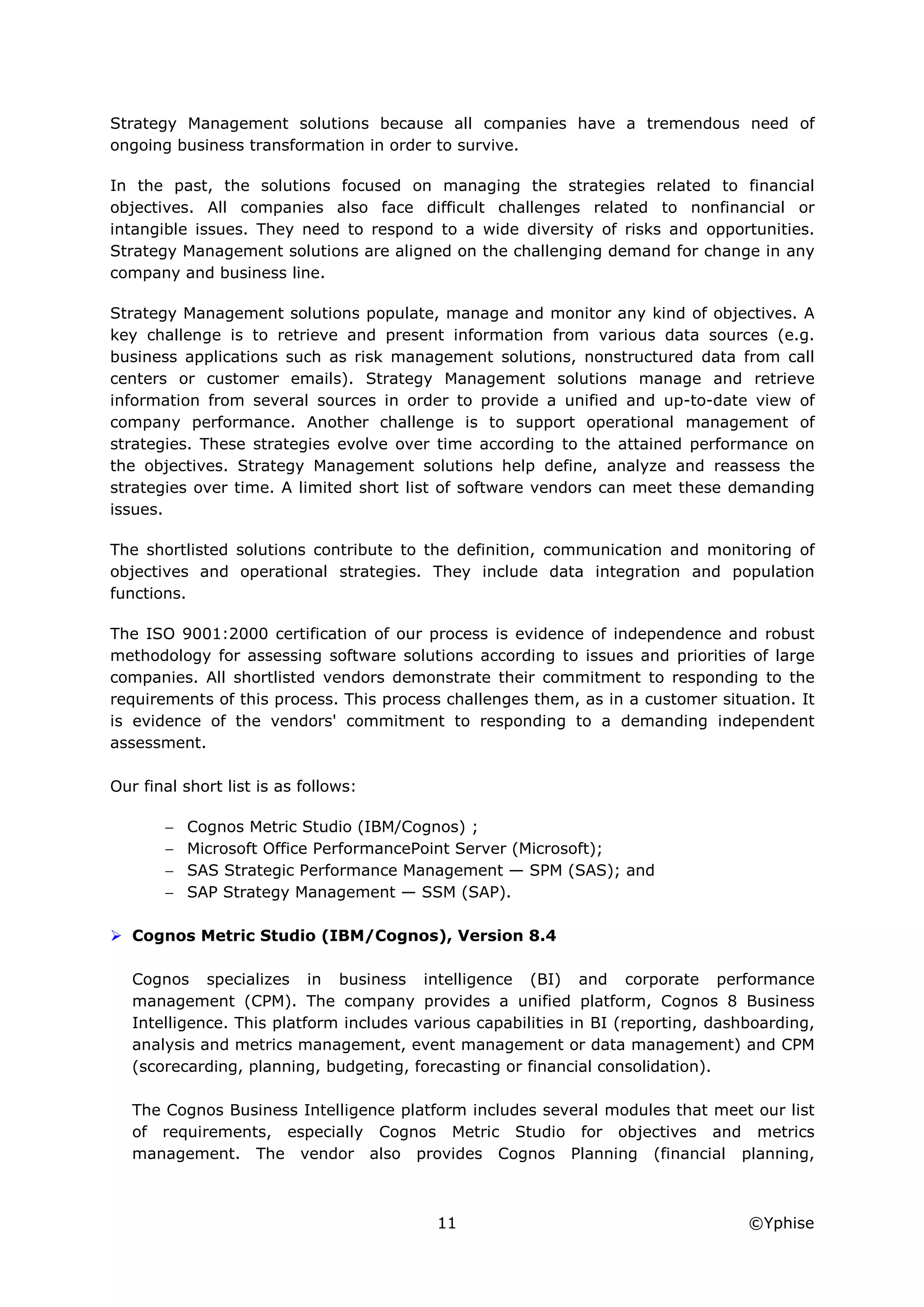 Yphise Software Product Assessment, Strategy Management, December 2008