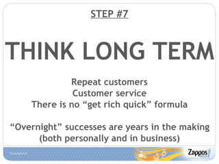 STEP #7 THINK LONG TERM Repeat customers Customer service There is no “get rich quick” formula “ Overnight” successes are ...