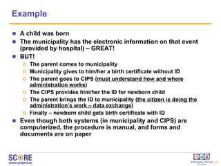 Example A child was born  The municipality has the electronic information on that event (provided by hospital) – GREAT!  BUT!  The parent comes to municipality Municipality gives to him/her a birth certificate without ID The parent goes to CIPS ( must understand how and where administration works ) The CIPS provides him/her the ID for newborn child The parent brings the ID to municipality ( the citizen is doing the administration’s work – data exchange ) Finally – newborn child gets birth certificate with ID Even though both systems (in municipality and CIPS) are computerized, the procedure is manual, and forms and documents are on paper 