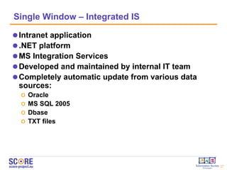 Single Window – Integrated IS Intranet  application .NET platform MS Integration Services Developed and maintained by internal IT team Completely automatic update from various data sources: Oracle MS SQL 2005 Dbase TXT f iles 