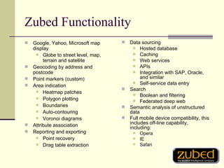 Zubed Functionality Google, Yahoo, Microsoft map display Globe to street level, map, terrain and satellite Geocoding by address and postcode Point markers (custom) Area indication Heatmap patches Polygon plotting Boundaries Auto-contouring Voronoi diagrams Attribute association Reporting and exporting Point recovery Drag table extraction Data sourcing Hosted database Caching Web services APIs Integration with SAP, Oracle, and similar Self-service data entry Search Boolean and filtering Federated deep web Semantic analysis of unstructured data Full mobile device compatibility, this includes off-line capability, including: Opera IE Safari 