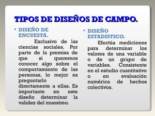 TIPOS DE DISEÑOS DE CAMPO. DISEÑO DE ENCUESTA. Exclusivo de las ciencias sociales. Por parte de la premisa de que si queremos conocer algo sobre el comportamiento de las personas, lo mejor es preguntarlo directamente a ellas. Es importante en este diseño determinar la validez del muestreo. DISEÑO ESTADISTICO. Efectúa mediciones para determinar los valores de una variable o de un grupo de variables. Consistente en el estudio cuantitativo o en evaluación numérica de hechos colectivos. 