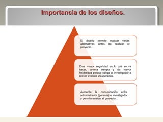 Importancia de los diseños. El diseño permite evaluar varias alternativas antes de realizar el proyecto. Crea mayor seguridad en lo que se va hacer, ahorra tiempo y da mayor flexibilidad porque obliga al investigador a prever eventos inesperados. Aumenta la comunicación entre administrador (gerente) e investigador y permite evaluar el proyecto. 