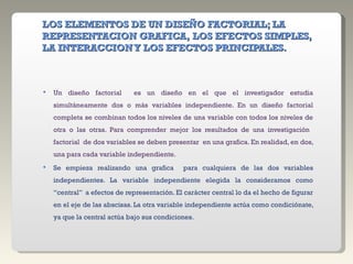 LOS ELEMENTOS DE UN DISEÑO FACTORIAL; LA REPRESENTACION GRAFICA, LOS EFECTOS SIMPLES, LA INTERACCION Y LOS EFECTOS PRINCIPALES. Un diseño factorial  es un diseño en el que el investigador estudia simultáneamente dos o más variables independiente. En un diseño factorial completa se combinan todos los niveles de una variable con todos los niveles de otra o las otras. Para comprender mejor los resultados de una investigación  factorial  de dos variables se deben presentar  en una grafica. En realidad, en dos, una para cada variable independiente. Se empieza realizando una grafica  para cualquiera de las dos variables independientes. La variable independiente elegida la consideramos como “central”  a efectos de representación. El carácter central lo da el hecho de figurar en el eje de las abscisas. La otra variable independiente actúa como condiciónate, ya que la central actúa bajo sus condiciones.  