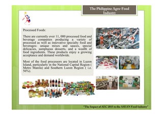 The Philippine Agro-Food
                                                           Industry



Processed Foods:
There are currently over 11, 000 processed food and
beverage companies producing a variety of
processed as well as innovative specialty food and
beverages- unique mixes and sauces, special
delicacies, sumptuous desserts, and a wealth of
food ingredients. These products enjoy a growing
acceptance and demand worldwide.
Most of the food processors are located in Luzon
Island, particularly in the National Capital Region (
Metro Manila) and Southern Luzon Region ( i.e.
56%).




                                              “The Impact of AEC 2015 to the ASEAN Food Industry”
 