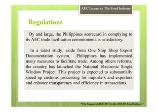 AEC Impact to The Food Industry



 Regulations
   By and large, the Philippines scorecard in complying to
its AEC trade facilitation commitments is satisfactory.

   In a latest study, aside from One Stop Shop Export
Documentation system, Philippines has implemented
many measures to facilitate trade. Among others reforms,
the country has launched the National Electronic Single
Window Project. This project is expected to substantially
speed up customs processing for importers and exporters
and enhance transparency and efficiency in transactions.



                              “The Impact of AEC 2015 to the ASEAN Food Industry”
 