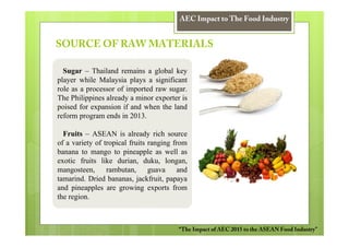 AEC Impact to The Food Industry


SOURCE OF RAW MATERIALS

  Sugar – Thailand remains a global key
player while Malaysia plays a significant
role as a processor of imported raw sugar.
The Philippines already a minor exporter is
poised for expansion if and when the land
reform program ends in 2013.

  Fruits – ASEAN is already rich source
of a variety of tropical fruits ranging from
banana to mango to pineapple as well as
exotic fruits like durian, duku, longan,
mangosteen,      rambutan,      guava     and
tamarind. Dried bananas, jackfruit, papaya
and pineapples are growing exports from
the region.



                                          “The Impact of AEC 2015 to the ASEAN Food Industry”
 
