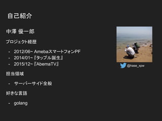 自己紹介
中澤 優一郎
プロジェクト経歴
- 2012/06~ AmebaスマートフォンPF
- 2014/01~ 『タップル誕生』
- 2015/12~ 『AbemaTV』
担当領域
- サーバーサイド全般
好きな言語
- golang
@hase_xpw
 
