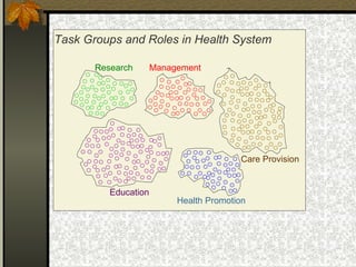 ManagementResearch
Education
Care Provision
Health Promotion
Task Groups and Roles in Health System
 