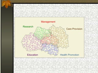 Management
Research
Education
Care Provision
Health Promotion
 