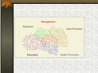Management
Research
Education
Care Provision
Health Promotion
 