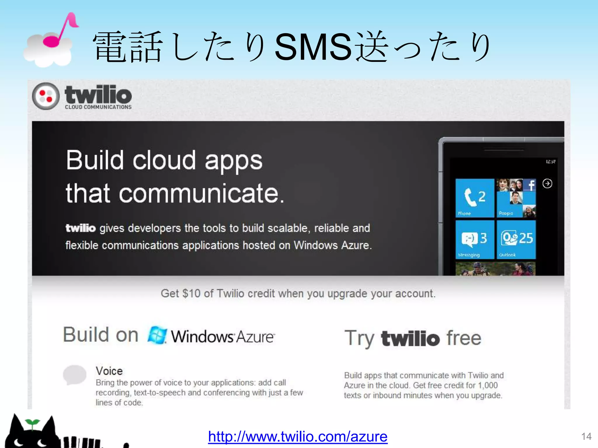 電話したりSMS送ったり




   http://www.twilio.com/azure   14
 
