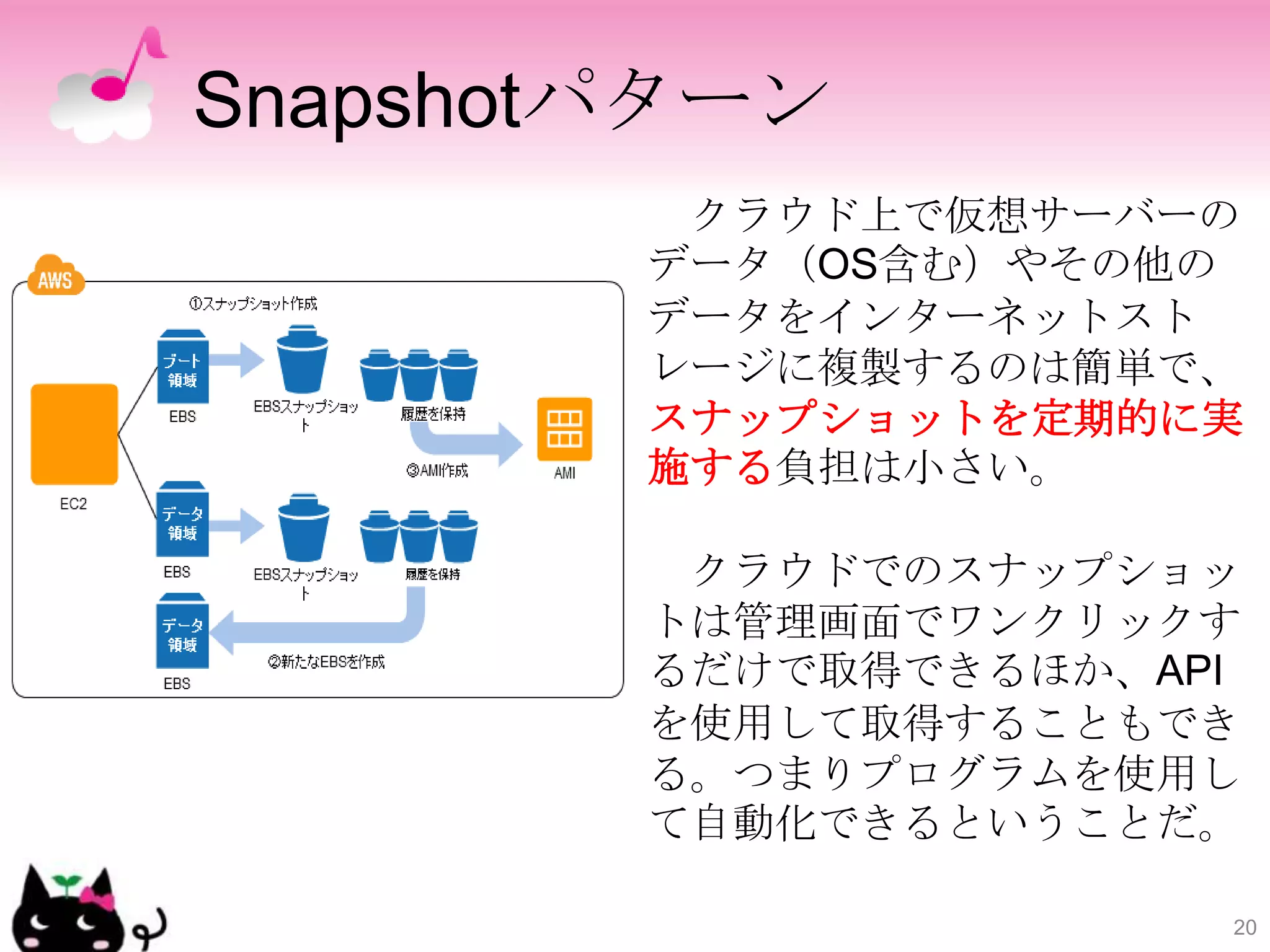 Snapshotパターン
         クラウド上で仮想サーバーの
        データ（OS含む）やその他の
        データをインターネットスト
        レージに複製するのは簡単で、
        スナップショットを定期的に実
        施する負担は小さい。

         クラウドでのスナップショッ
        トは管理画面でワンクリックす
        るだけで取得できるほか、API
        を使用して取得することもでき
        る。つまりプログラムを使用し
        て自動化できるということだ。

                      20
 