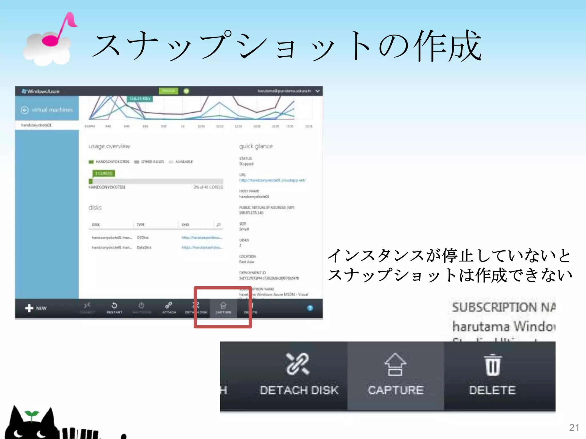 スナップショットの作成




      インスタンスが停止していないと
      スナップショットは作成できない




                    21
 