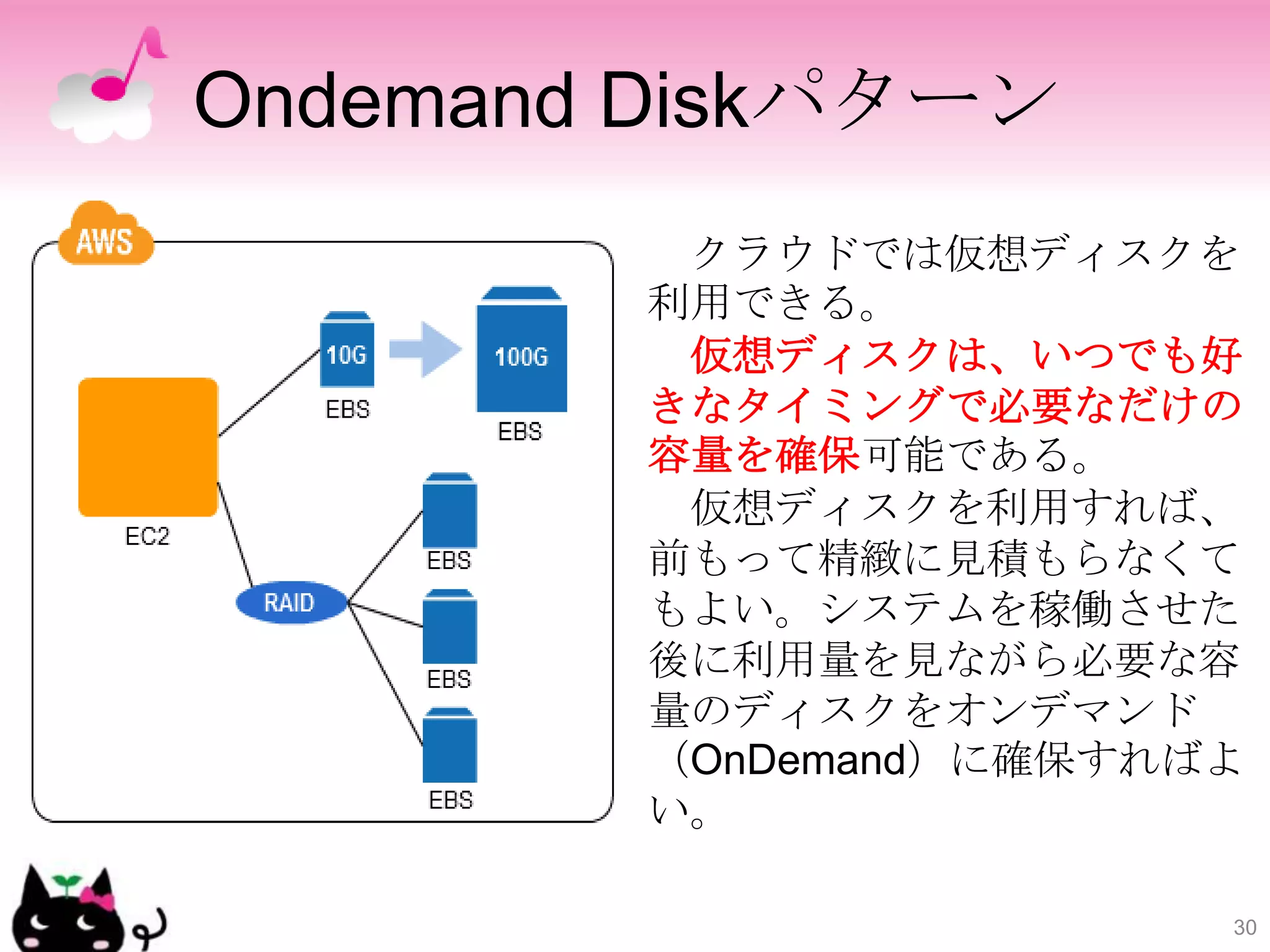 Ondemand Diskパターン
         クラウドでは仮想ディスクを
        利用できる。
         仮想ディスクは、いつでも好
        きなタイミングで必要なだけの
        容量を確保可能である。
         仮想ディスクを利用すれば、
        前もって精緻に見積もらなくて
        もよい。システムを稼働させた
        後に利用量を見ながら必要な容
        量のディスクをオンデマンド
        （OnDemand）に確保すればよ
        い。

                        30
 