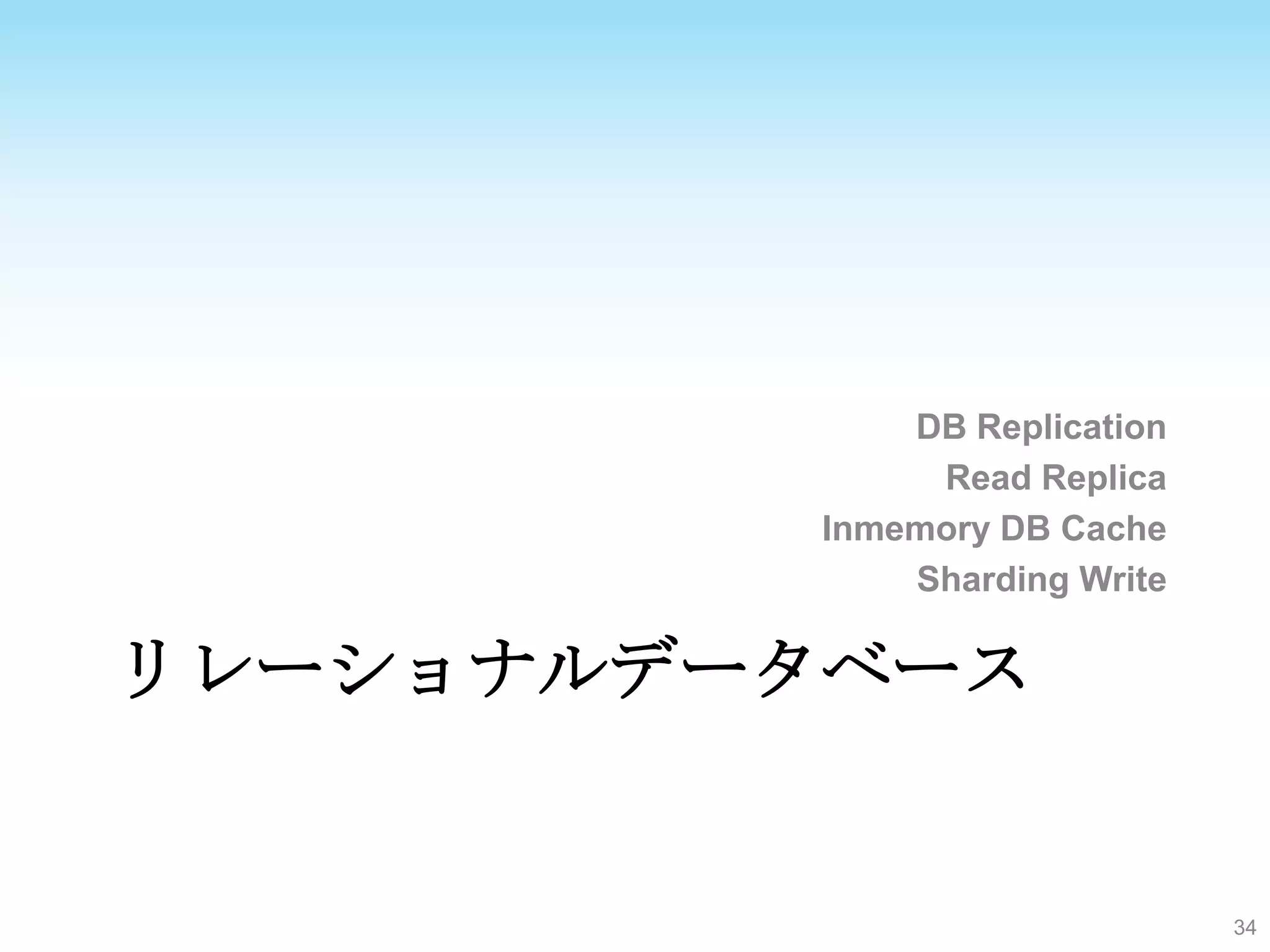 DB Replication
               Read Replica
          Inmemory DB Cache
              Sharding Write

リレーショナルデータベース


                               34
 