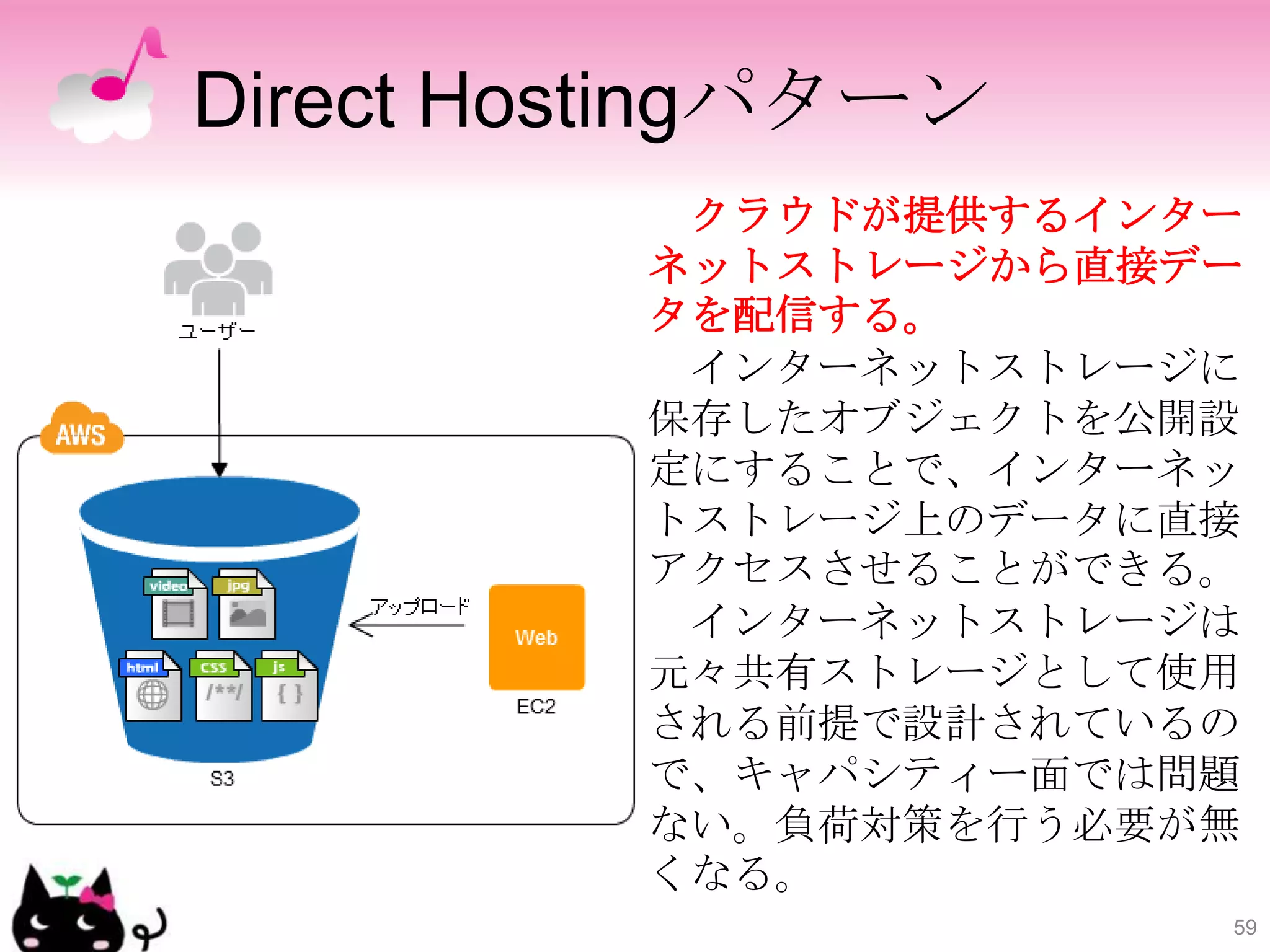 Direct Hostingパターン
           クラウドが提供するインター
          ネットストレージから直接デー
          タを配信する。
           インターネットストレージに
          保存したオブジェクトを公開設
          定にすることで、インターネッ
          トストレージ上のデータに直接
          アクセスさせることができる。
           インターネットストレージは
          元々共有ストレージとして使用
          される前提で設計されているの
          で、キャパシティー面では問題
          ない。負荷対策を行う必要が無
          くなる。
                       59
 