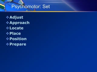 Psychomotor: Set
Adjust
Approach
Locate
Place
Position
Prepare
 
