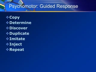 Psychomotor: Guided Response
Copy
Determine
Discover
Duplicate
Imitate
Inject
Repeat
 