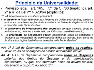 Princípio da Universalidade:
• Previsão legal_ art. 165, 5º, da CF/88 (implícito); art.
  2º a 4º da Lei nº 4.320/64 (explícito):
“5º  - A lei orçamentária anual compreenderá:
I - o orçamento fiscal referente aos Poderes da União, seus fundos, órgãos e
    entidades da administração direta e indireta, inclusive fundações instituídas
    e mantidas pelo Poder Público;
II - o orçamento de investimento das empresas em que a União, direta ou
    indiretamente, detenha a maioria do capital social com direito a voto;
III - o orçamento da seguridade social, abrangendo todas as entidades e
    órgãos a ela vinculados, da administração direta ou indireta, bem como os
    fundos e fundações instituídos e mantidos pelo Poder Público”.

“Art.3º A Lei de Orçamentos compreenderá todas as receitas,
  inclusive as de operações de crédito autorizadas em lei.
Art. 4º A Lei de Orçamento compreenderá todas as despesas
  próprias dos órgãos do Governo e da administração
  centralizada, ou que, por intermédio deles se devam realizar,
  observado o disposto no artigo 2°”.
 