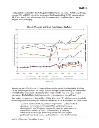 WZI INC
The figure below is based on the PG&E published historic rate schedules. Note the rapid break
between 2005 and 2006 tying to the same period that Executive Order S-3-05 was enacted and
AB 32 was passed, indicating a strong shift from a cost
                    ndicating                      cost-of-service philosophy to a social
                                                                    hilosophy
program based philosophy.




                                                   Figure 2-1



Ratemaking was defined for the US by the philosophical economic contribution by Hotelling
(1938). Hotelling advocated a sea change from the prior philosophy of letting the “beneficiaries
bear the burden” to a concept where competitive prices were favored over social
                                                                         social-value in
ratemaking. The belief being that the competitive price system was more efficient.
Rate making become more refined and by 1974 the Wisconsin PSC ruled to create a formula for
   e
determining the estimated marginal costs in what is known as the Madison Gas and Electric case.
                                                                      on
             “Madison Electric stands for four basic propositions: (1) the desirability
                                                                              desirab
             of long-run incremental cost pricing (LRIC), (2) the importance of
                      run
             flattening rates (and decreasing quantity discounts) in circumstances of
             diminishing economies of scale, (3) the possibility of reflecting
             externalities in rate design, but the prefer
                                                   preferability of addressing this
             problem through taxation, and (4) the usefulness of peak load pricing as
                                                                     peak-load

Analysis of Historic and Proposed Rate Structure
                   c                                   3
 