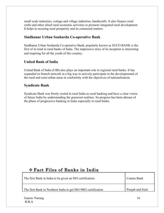 small scale industries, cottage and village industries, handicrafts. It also finance rural
crafts and other allied rural economic activities to promote integrated rural development.
It helps in securing rural prosperity and its connected matters.

Sindhanur Urban Souharda Co-operative Bank

Sindhanur Urban Souharda Co-operative Bank, popularly known as SUCO BANK is the
first of its kind in rural banks of India. The impressive story of its inception is interesting
and inspiring for all the youth of this country.

United Bank of India

United Bank of India (UBI) also plays an important role in regional rural banks. It has
expanded its branch network in a big way to actively participate in the developmental of
the rural and semi-urban areas in conformity with the objectives of nationalisation.

Syndicate Bank

Syndicate Bank was firmly rooted in rural India as rural banking and have a clear vision
of future India by understanding the grassroot realities. Its progress has been abreast of
the phase of progressive banking in India especially in rural banks.




     Fact Files of Banks in India
The first Bank in India to be given an ISO certification.                            Canara Bank


The first Bank in Northern India to get ISO 9002 certification                       Punjab and Sind

Gaurav Narang                                                                                16
B.B.A
 