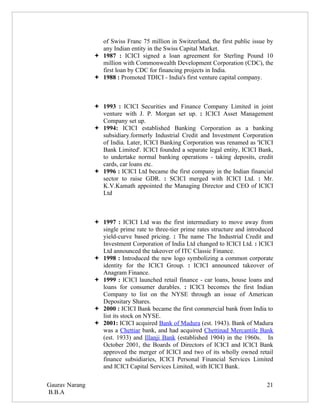 of Swiss Franc 75 million in Switzerland, the first public issue by
                  any Indian entity in the Swiss Capital Market.
                 1987 : ICICI signed a loan agreement for Sterling Pound 10
                  million with Commonwealth Development Corporation (CDC), the
                  first loan by CDC for financing projects in India.
                 1988 : Promoted TDICI - India's first venture capital company.



                 1993 : ICICI Securities and Finance Company Limited in joint
                  venture with J. P. Morgan set up. : ICICI Asset Management
                  Company set up.
                 1994: ICICI established Banking Corporation as a banking
                  subsidiary.formerly Industrial Credit and Investment Corporation
                  of India. Later, ICICI Banking Corporation was renamed as 'ICICI
                  Bank Limited'. ICICI founded a separate legal entity, ICICI Bank,
                  to undertake normal banking operations - taking deposits, credit
                  cards, car loans etc.
                 1996 : ICICI Ltd became the first company in the Indian financial
                  sector to raise GDR. : SCICI merged with ICICI Ltd. : Mr.
                  K.V.Kamath appointed the Managing Director and CEO of ICICI
                  Ltd



                 1997 : ICICI Ltd was the first intermediary to move away from
                  single prime rate to three-tier prime rates structure and introduced
                  yield-curve based pricing. : The name The Industrial Credit and
                  Investment Corporation of India Ltd changed to ICICI Ltd. : ICICI
                  Ltd announced the takeover of ITC Classic Finance.
                 1998 : Introduced the new logo symbolizing a common corporate
                  identity for the ICICI Group. : ICICI announced takeover of
                  Anagram Finance.
                 1999 : ICICI launched retail finance - car loans, house loans and
                  loans for consumer durables. : ICICI becomes the first Indian
                  Company to list on the NYSE through an issue of American
                  Depositary Shares.
                 2000 : ICICI Bank became the first commercial bank from India to
                  list its stock on NYSE.
                 2001: ICICI acquired Bank of Madura (est. 1943). Bank of Madura
                  was a Chettiar bank, and had acquired Chettinad Mercantile Bank
                  (est. 1933) and Illanji Bank (established 1904) in the 1960s. In
                  October 2001, the Boards of Directors of ICICI and ICICI Bank
                  approved the merger of ICICI and two of its wholly owned retail
                  finance subsidiaries, ICICI Personal Financial Services Limited
                  and ICICI Capital Services Limited, with ICICI Bank.

Gaurav Narang                                                                      21
B.B.A
 