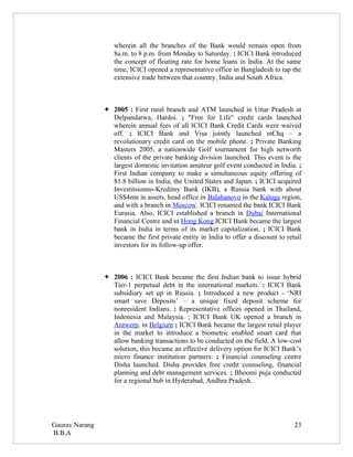 wherein all the branches of the Bank would remain open from
                   8a.m. to 8 p.m. from Monday to Saturday. : ICICI Bank introduced
                   the concept of floating rate for home loans in India. At the same
                   time, ICICI opened a representative office in Bangladesh to tap the
                   extensive trade between that country, India and South Africa.



                 2005 : First rural branch and ATM launched in Uttar Pradesh at
                  Delpandarwa, Hardoi. ; "Free for Life" credit cards launched
                  wherein annual fees of all ICICI Bank Credit Cards were waived
                  off. ; ICICI Bank and Visa jointly launched mChq – a
                  revolutionary credit card on the mobile phone. ; Private Banking
                  Masters 2005, a nationwide Golf tournament for high networth
                  clients of the private banking division launched. This event is the
                  largest domestic invitation amateur golf event conducted in India. ;
                  First Indian company to make a simultaneous equity offering of
                  $1.8 billion in India, the United States and Japan. ; ICICI acquired
                  Investitsionno-Kreditny Bank (IKB), a Russia bank with about
                  US$4mn in assets, head office in Balabanovo in the Kaluga region,
                  and with a branch in Moscow. ICICI renamed the bank ICICI Bank
                  Eurasia. Also, ICICI established a branch in Dubai International
                  Financial Centre and in Hong Kong.ICICI Bank became the largest
                  bank in India in terms of its market capitalization. ; ICICI Bank
                  became the first private entity in India to offer a discount to retail
                  investors for its follow-up offer.



                 2006 : ICICI Bank became the first Indian bank to issue hybrid
                  Tier-1 perpetual debt in the international markets. : ICICI Bank
                  subsidiary set up in Russia. ; Introduced a new product - ‘NRI
                  smart save Deposits’ – a unique fixed deposit scheme for
                  nonresident Indians. : Representative offices opened in Thailand,
                  Indonesia and Malaysia. ; ICICI Bank UK opened a branch in
                  Antwerp, in Belgium ; ICICI Bank became the largest retail player
                  in the market to introduce a biometric enabled smart card that
                  allow banking transactions to be conducted on the field. A low-cost
                  solution, this became an effective delivery option for ICICI Bank’s
                  micro finance institution partners. ; Financial counseling centre
                  Disha launched. Disha provides free credit counseling, financial
                  planning and debt management services. ; Bhoomi puja conducted
                  for a regional hub in Hyderabad, Andhra Pradesh.




Gaurav Narang                                                                        23
B.B.A
 