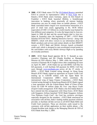  2008 : ICICI Bank enters US The US Federal Reserve permitted
                  ICICI to convert its representative office in New York into a
                  branch.; ICICI Bank enters Germany, opens its first branch in
                  Frankfurt ; ICICI Bank launched iMobile, a breakthrough
                  innovation in banking where practically all internet banking
                  transactions can now be simply done on mobile phones. ; ICICI
                  Bank concluded India's largest ever securitization transaction of a
                  pool of retail loan assets aggregating to Rs. 48.96 billion
                  (equivalent of USD 1.21 billion) in a multi-tranche issue backed by
                  four different asset categories. It is also the largest deal in Asia (ex-
                  Japan) in 2008 till date and the second largest deal in Asia (ex-
                  Japan & Australia) since the beginning of 2007. ; ICICI Bank
                  launches ICICIACTIVE - Banking Interactive Service - along with
                  DISHTV, which will allow viewers to see information about the
                  Bank's products and services and contact details on their DISHTV
                  screens. ; ICICI Bank and British Airways launch co-branded
                  credit card, which is designed to earn accelerated reward points to
                  the card holders with every British Airways flight or by spending
                  on everyday purchases.

                 2009: ICICI Bank Board appoints Mr K. V. Kamath as non-
                  executive Chairman and Ms Chanda Kochhar as Managing
                  Director & CEO effective May 1, 2009, while the existing non-
                  executive Chairman Mr N Vaghul retires after completing his term
                  on April 30, 2009 ; ICICI bank ties up with BSNL Cell One for
                  bill payments, it will facilitate bill payment for BSNL Cell One
                  users through www.icicibank.com across all the 27 circles of
                  BSNL. ; ICICI Bank Limited acting through its Hong Kong
                  Branch (ICICI Bank) signed an agreement on Export Credit Line
                  totaling up to US$100 million with the Japan Bank for
                  International Cooperation (JBIC) which constitutes the
                  international wing of Japan Finance Corporation. ; ICICI Bank
                  Limited acting through its Hong Kong Branch (ICICI Bank) signed
                  a loan agreement with the Export-Import Bank of China (China
                  Exim) for USD 98 million under the Two- step Buyer Credit
                  (Export Credit) arrangement. ICICI Bank is the first Indian Bank to
                  have entered into this arrangement with China Exim ; ICICI Bank
                  with Singapore Airlines launched “ICICI Bank Singapore Airlines
                  Visa Platinum Credit Card”, the Card has exclusive privileges
                  especially designed for the members. ; ICICI Bank announced an
                  association with mChek, India’s leading mobile payment solutions
                  provider, to facilitate mChek services to all ICICI Bank Debit and
                  Credit Card customers. These are electronic cards issued to the
                  customers with mChek application on their mobile phone. ; Ms
                  Chanda Kochhar took charge as the Managing Director & CEO of
                  ICICI Bank from May 1, 2009.


Gaurav Narang                                                                           25
B.B.A
 