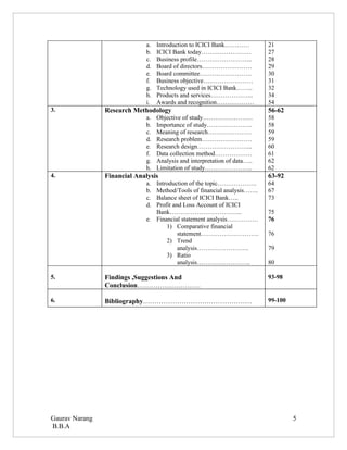 a.   Introduction to ICICI Bank…………           21
                             b.   ICICI Bank today……………………                 27
                             c.   Business profile……………………...              28
                             d.   Board of directors……………………               29
                             e.   Board committee…………………….                 30
                             f.   Business objective……………………               31
                             g.   Technology used in ICICI Bank……..        32
                             h.   Products and services………………...           34
                             i.   Awards and recognition………………             54
3.              Research Methodology                                       56-62
                             a.   Objective of study……………………               58
                             b.   Importance of study………………….              58
                             c.   Meaning of research…………………               59
                             d.   Research problem……………………                 59
                             e.   Research design……………………...               60
                             f.   Data collection method………………             61
                             g.   Analysis and interpretation of data…..   62
                             h.   Limitation of study…………………..             62
4.              Financial Analysis                                         63-92
                             a. Introduction of the topic……………….           64
                             b. Method/Tools of financial analysis…….      67
                             c. Balance sheet of ICICI Bank…..             73
                             d. Profit and Loss Account of ICICI
                                Bank……………………………..                          75
                             e. Financial statement analysis……………          76
                                    1) Comparative financial
                                         statement……………………….               76
                                    2) Trend
                                         analysis…………………….                 79
                                    3) Ratio
                                         analysis……………………..                80

5.              Findings ,Suggestions And                                  93-98
                Conclusion……………………….

6.              Bibliography…………………………………………                               99-100




Gaurav Narang                                                                       5
B.B.A
 