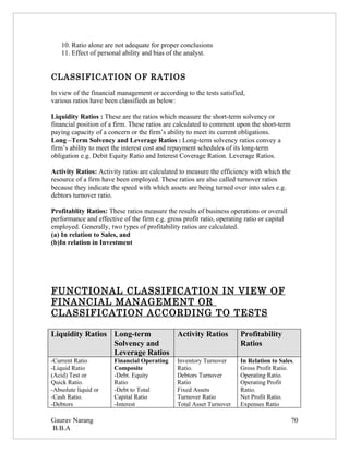 10. Ratio alone are not adequate for proper conclusions
    11. Effect of personal ability and bias of the analyst.


CLASSIFICATION OF RATIOS
In view of the financial management or according to the tests satisfied,
various ratios have been classifieds as below:

Liquidity Ratios : These are the ratios which measure the short-term solvency or
financial position of a firm. These ratios are calculated to comment upon the short-term
paying capacity of a concern or the firm’s ability to meet its current obligations.
Long –Term Solvency and Leverage Ratios : Long-term solvency ratios convey a
firm’s ability to meet the interest cost and repayment schedules of its long-term
obligation e.g. Debit Equity Ratio and Interest Coverage Ration. Leverage Ratios.

Activity Ratios: Activity ratios are calculated to measure the efficiency with which the
resource of a firm have been employed. These ratios are also called turnover ratios
because they indicate the speed with which assets are being turned over into sales e.g.
debtors turnover ratio.

Profitablity Ratios: These ratios measure the results of business operations or overall
performance and effective of the firm e.g. gross profit ratio, operating ratio or capital
employed. Generally, two types of profitability ratios are calculated.
(a) In relation to Sales, and
(b)In relation in Investment




FUNCTIONAL CLASSIFICATION IN VIEW OF
FINANCIAL MANAGEMENT OR
CLASSIFICATION ACCORDING TO TESTS

Liquidity Ratios Long-term       Activity Ratios                       Profitability
                 Solvency and                                          Ratios
                 Leverage Ratios
-Current Ratio         Financial Operating     Inventory Turnover      In Relation to Sales.
-Liquid Ratio          Composite               Ratio.                  Gross Profit Ratio.
(Acid) Test or         -Debt. Equity           Debtors Turnover        Operating Ratio.
Quick Ratio.           Ratio                   Ratio                   Operating Profit
-Absolute liquid or    -Debt to Total          Fixed Assets            Ratio.
-Cash Ratio.           Capital Ratio           Turnover Ratio          Net Profit Ratio.
-Debtors               -Interest               Total Asset Turnover    Expenses Ratio

Gaurav Narang                                                                               70
B.B.A
 