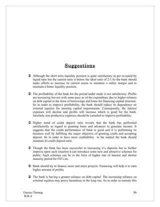 Suggestions

    Although the short term liquidity position is quite satisfactory as per revealed by
     liquid ratio but the current ratio is below the ideal ratio of 2:1.So the bank should
     make efforts to increase its current assets to maintain a safety margin and to
     maintain a better liquidity position.

    The profitability of the bank for the period under study is not satisfactory. Profits
     are increasing but not with same pace as of the expenditure due to higher reliance
     on debt capital in the form of borrowings and loans for financing capital structure.
     So in order to improve profitability, the bank should reduce its dependence on
     external equities for meeting capital requirements. Consequently, the interest
     expenses will decline and profits will increase which is good for the bank.
     Similarly non productive expenses should be curtailed to improve profitability.

    Higher trend of credit deposit ratio reveals that the bank has performed
     satisfactorily as regard to granting loans and advances to generate income. It
     suggests that the credit performance of bank is good and it is performing its
     business well by fulfilling the major objective of granting credit and accepting
     deposit. So in order to have more creditability in the market the bank should
     maintain its credit deposit ratio.

    Though the bank has been successful in increasing it’s deposits but to further
     improve upon such situation it can introduce some new and attractive schemes for
     public. Such schemes can be in the form of higher rate of interest and shorter
     maturity period for FD’s etc.

    Bank should try to finance more and more projects. Financing will help it to earn
     higher amount of profits.

    The bank is having a greater reliance on debt capital. The increasing reliance on
     external equities may prove hazardous in the long run. So in order to remedy this


Gaurav Narang                                                                          96
B.B.A
 