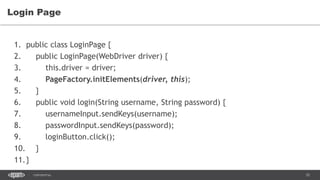 35CONFIDENTIAL
Login Page
1. public class LoginPage {
2. public LoginPage(WebDriver driver) {
3. this.driver = driver;
4. PageFactory.initElements(driver, this);
5. }
6. public void login(String username, String password) {
7. usernameInput.sendKeys(username);
8. passwordInput.sendKeys(password);
9. loginButton.click();
10. }
11.}
 