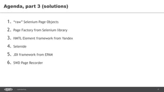 4CONFIDENTIAL
1. “raw” Selenium Page Objects
2. Page Factory from Selenium library
3. HMTL Element framework from Yandex
4. Selenide
5. JDI framework from EPAM
6. SWD Page Recorder
Agenda, part 3 (solutions)
 